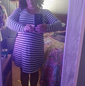 Blue & White Striped French Terry Dress Satin Bow